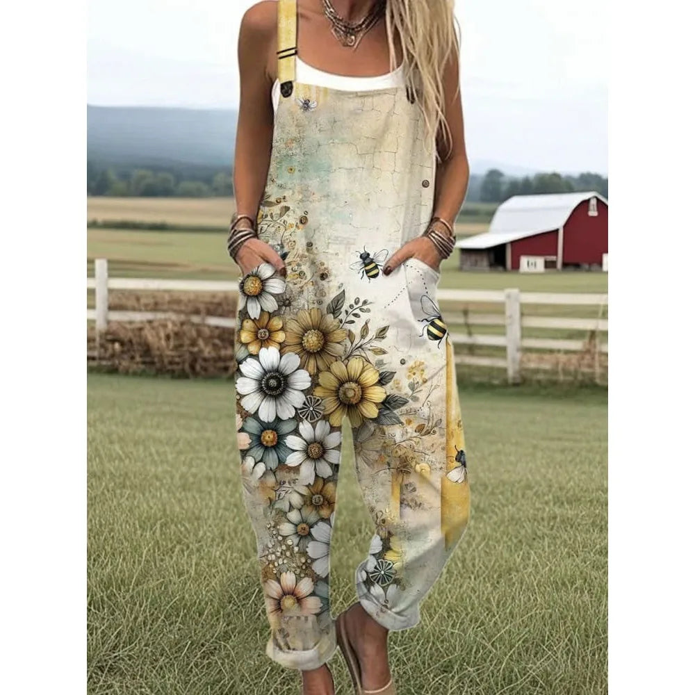 Summer Floral Romper Overalls Breathable & Comfortable Women's Jumpsuit with Pockets Adjustable Straps Romper for Streetwear
