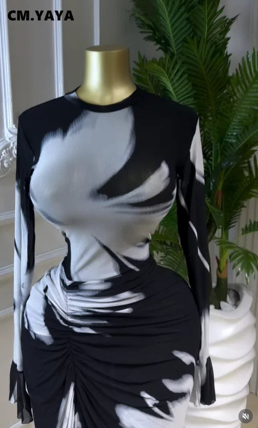 Hackensack Tie Dye Print O-neck Ruched Bodycon Long Maxi Dress