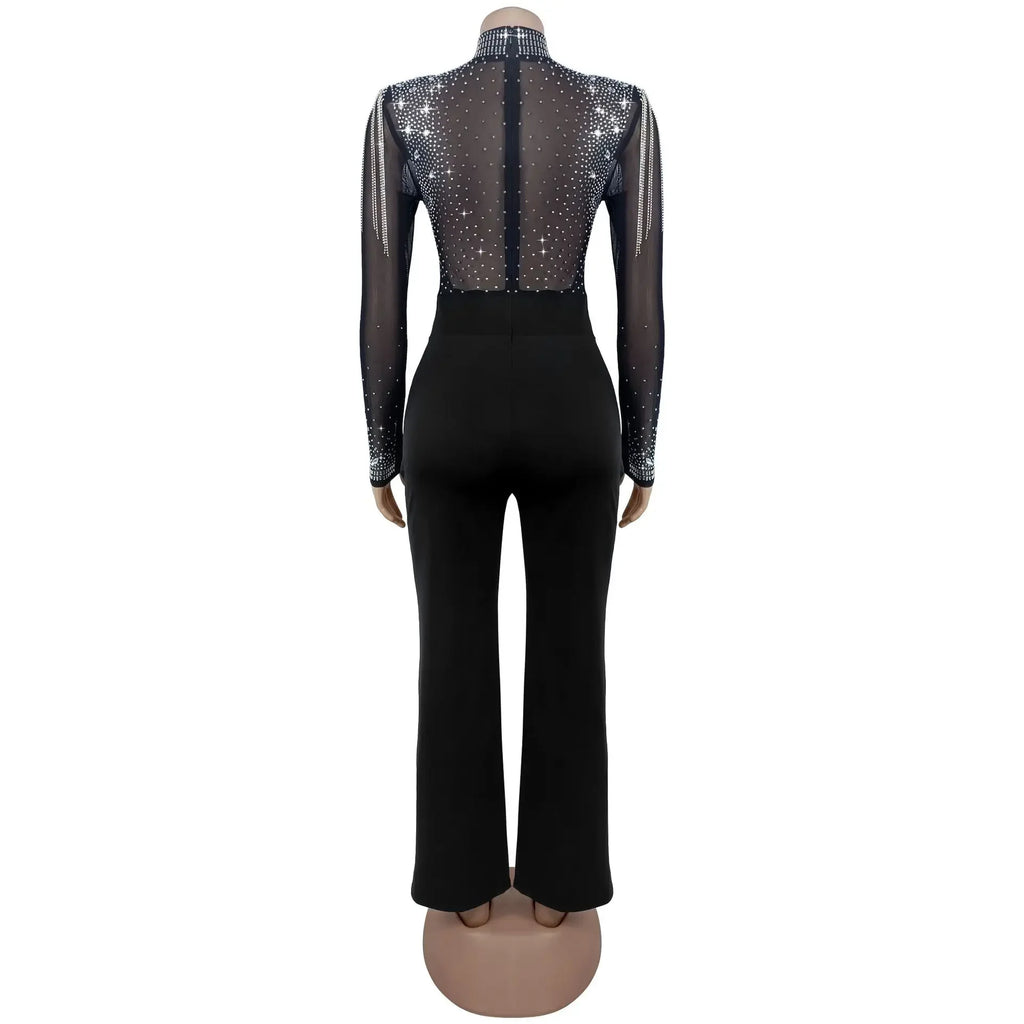Lincoln Square Rhinestone Patchwork Mesh See Through Long Sleeves Jumpsuit
