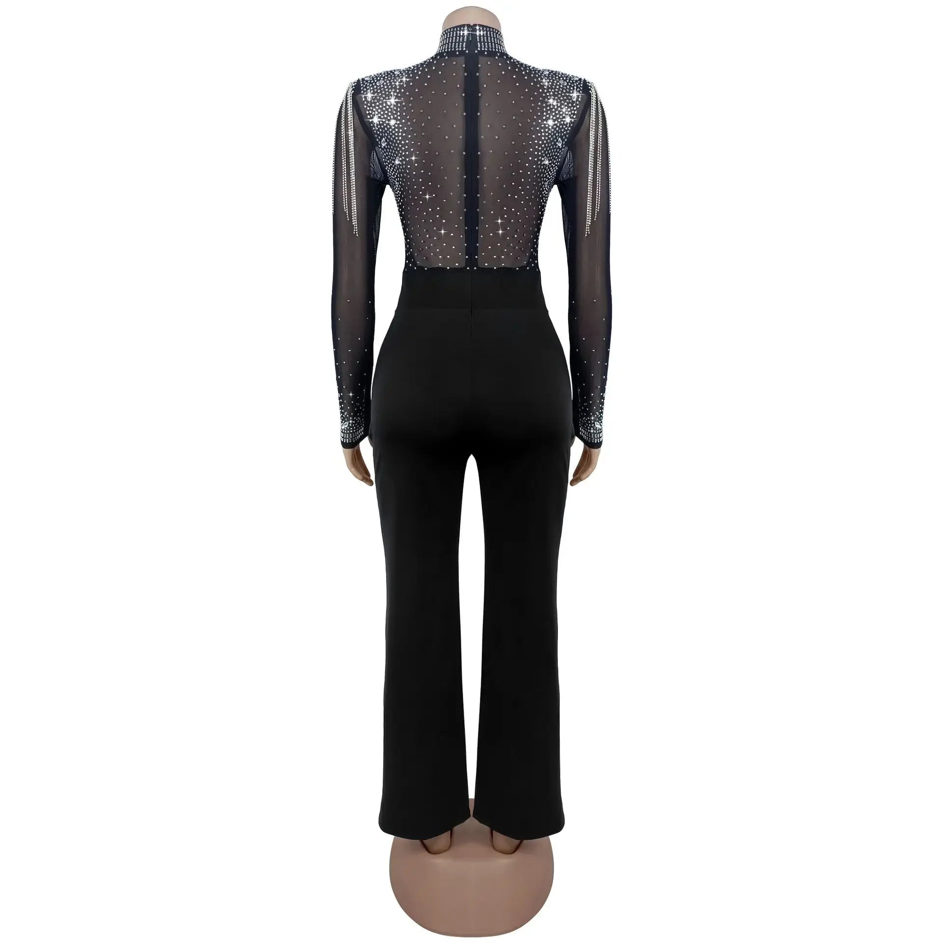 Lincoln Square Rhinestone Patchwork Mesh See Through Long Sleeves Jumpsuit