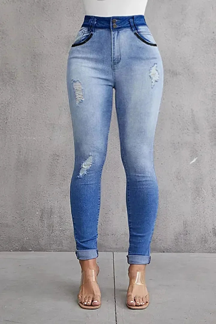 Albany Elastic Slimming, Hip-lifting High-waisted Gradient Casual Ripped Skinny Jeans