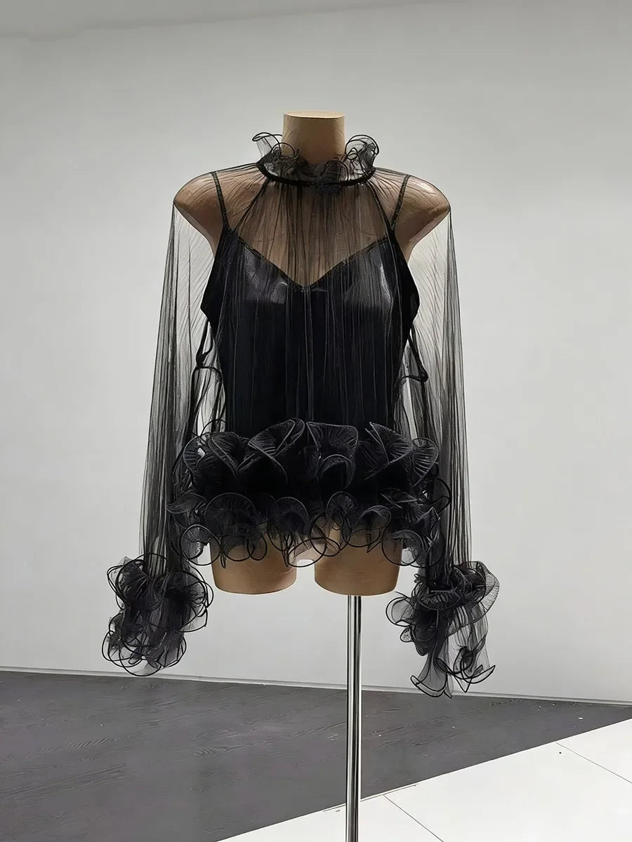 Quakertown Solid Sheer Spliced Fungus Folds Fashion Blouses