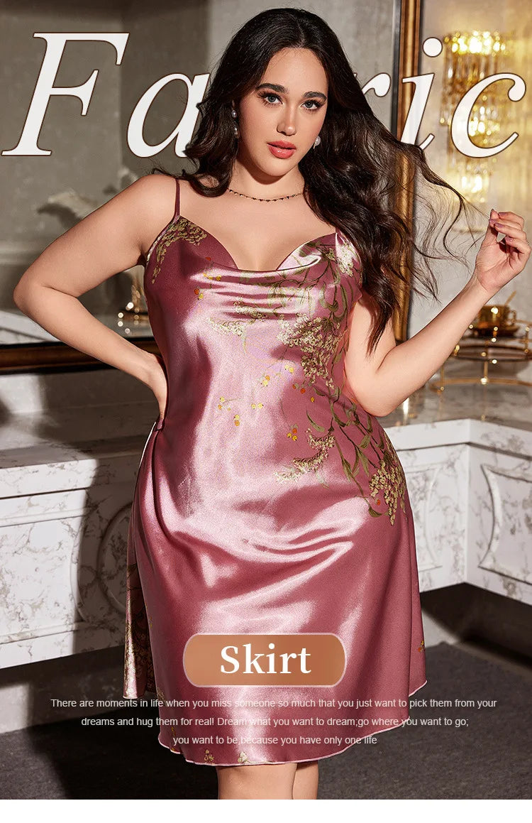 British Plus Size Soft Silk-Like Slip Sexy Printed Minimalist Loose Dress
