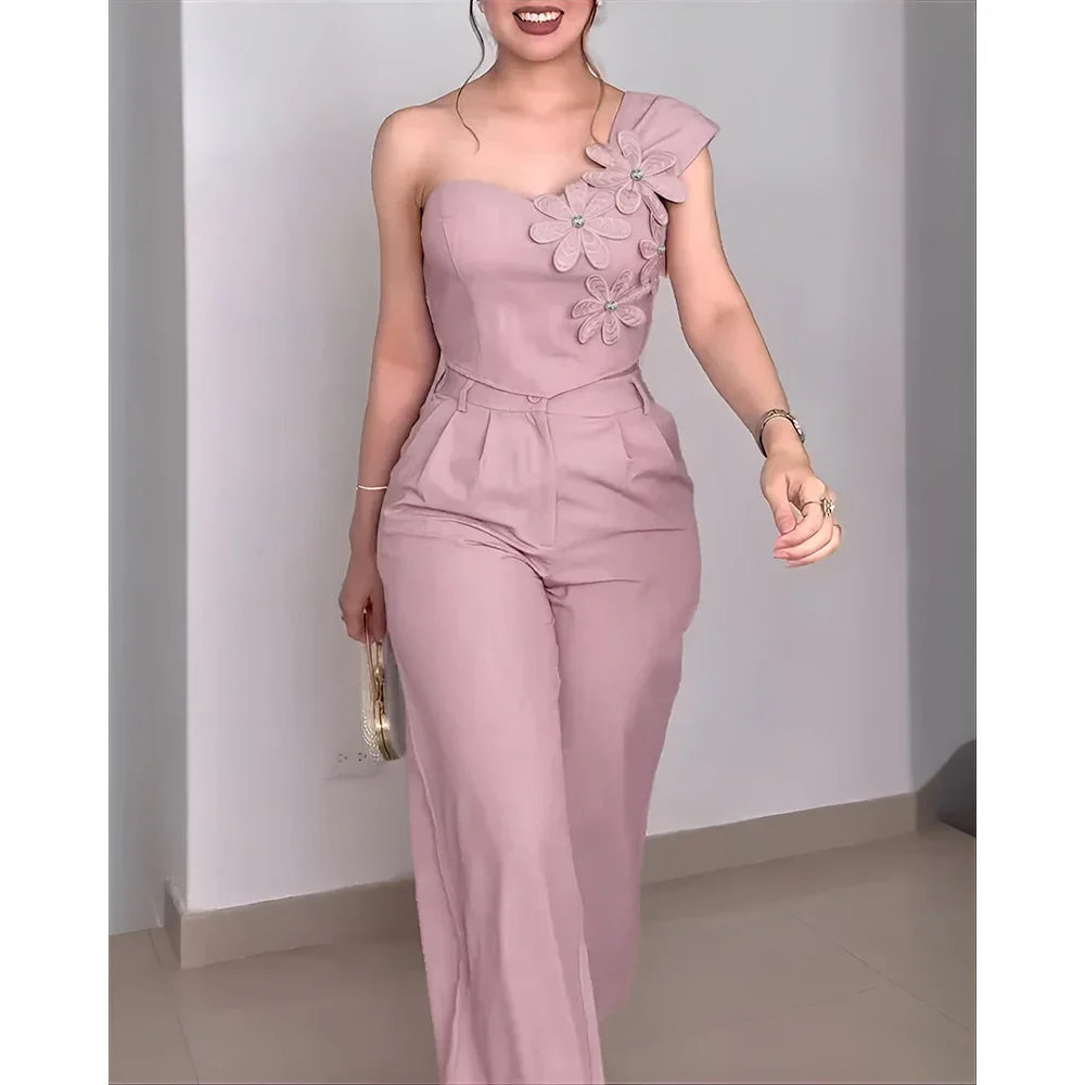 Francisca Floral Applique One Shoulder 2 Pieces Sets