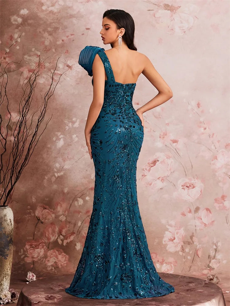Pocono Luxury Slanted Shoulder Sequins Maxi Evening Dresses