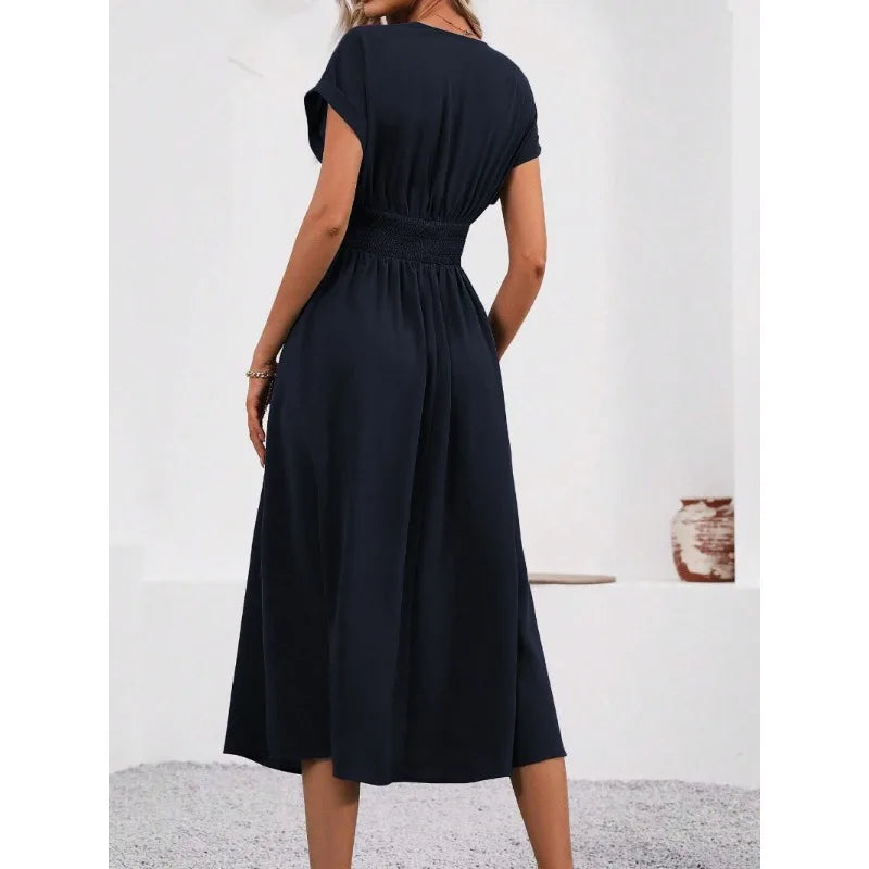 Guachupita Solid-Color V Neck Batwing-Sleeve Pleated Long Elegant Dress