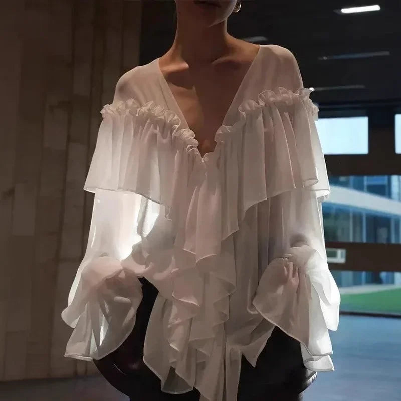 Allentown White Chiffon V-Neck Sexy See Through Shirt Beach Blouse