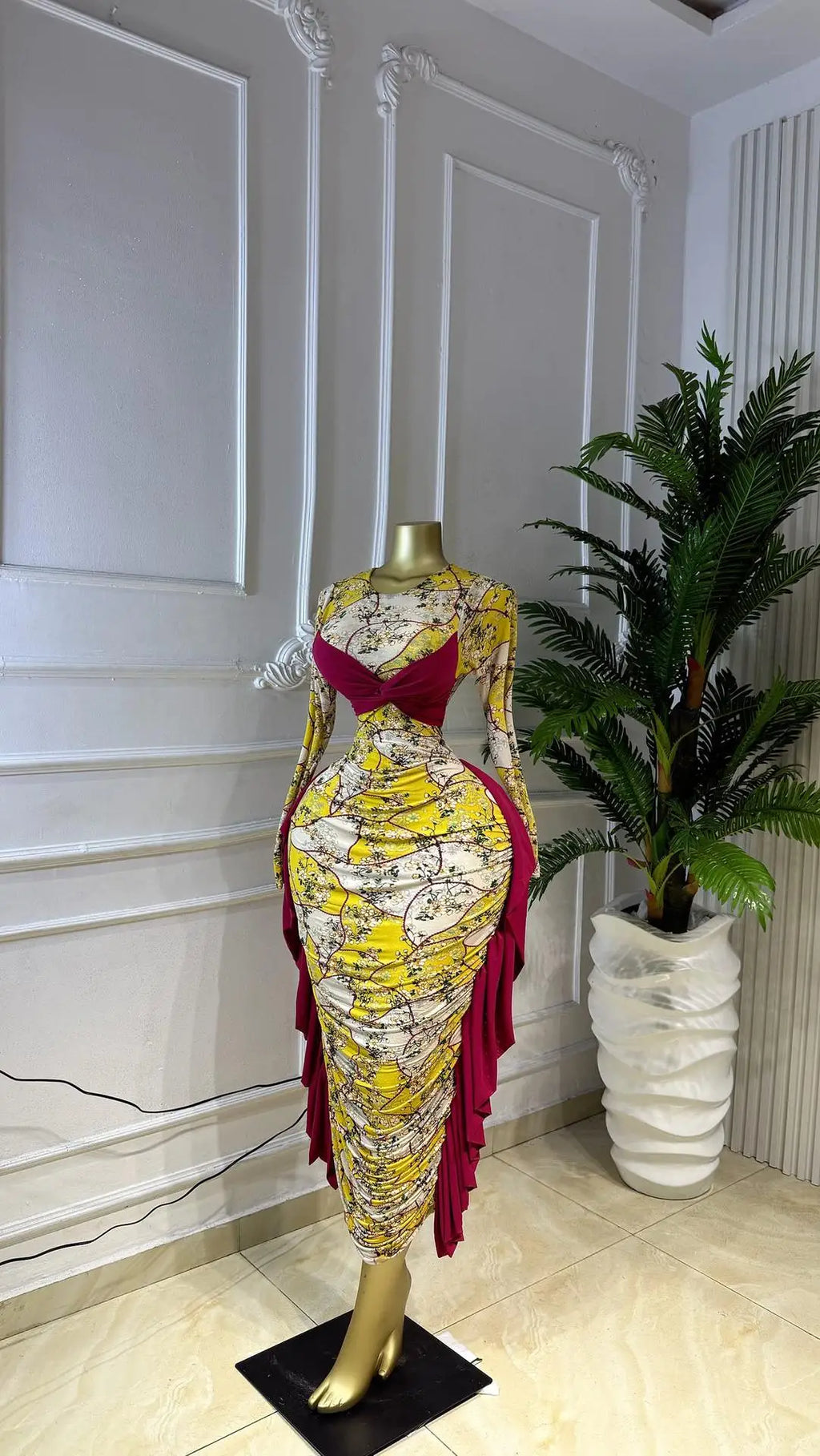 Kukutan O-neck Long Sleeve Floral Print Ruched Ruffles Long Maxi Dress
