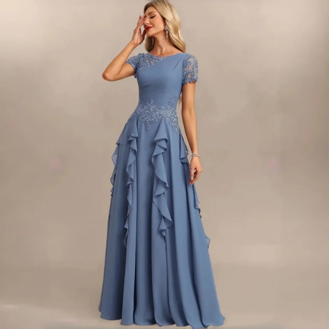 Dumbo Asymmetrical Neck Chiffon Bridesmaid Lace Sleeve Ruched Waist Cascading Dress
