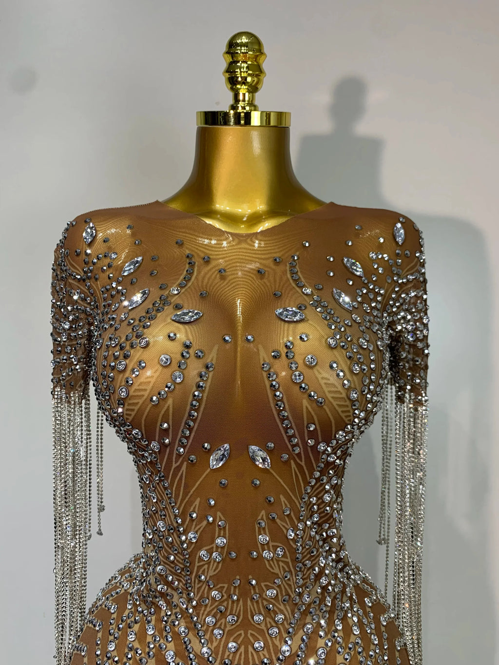 Bedford Luxury Sparkly Rhinestones Tassel Transparent Mesh Stretch Long Dress