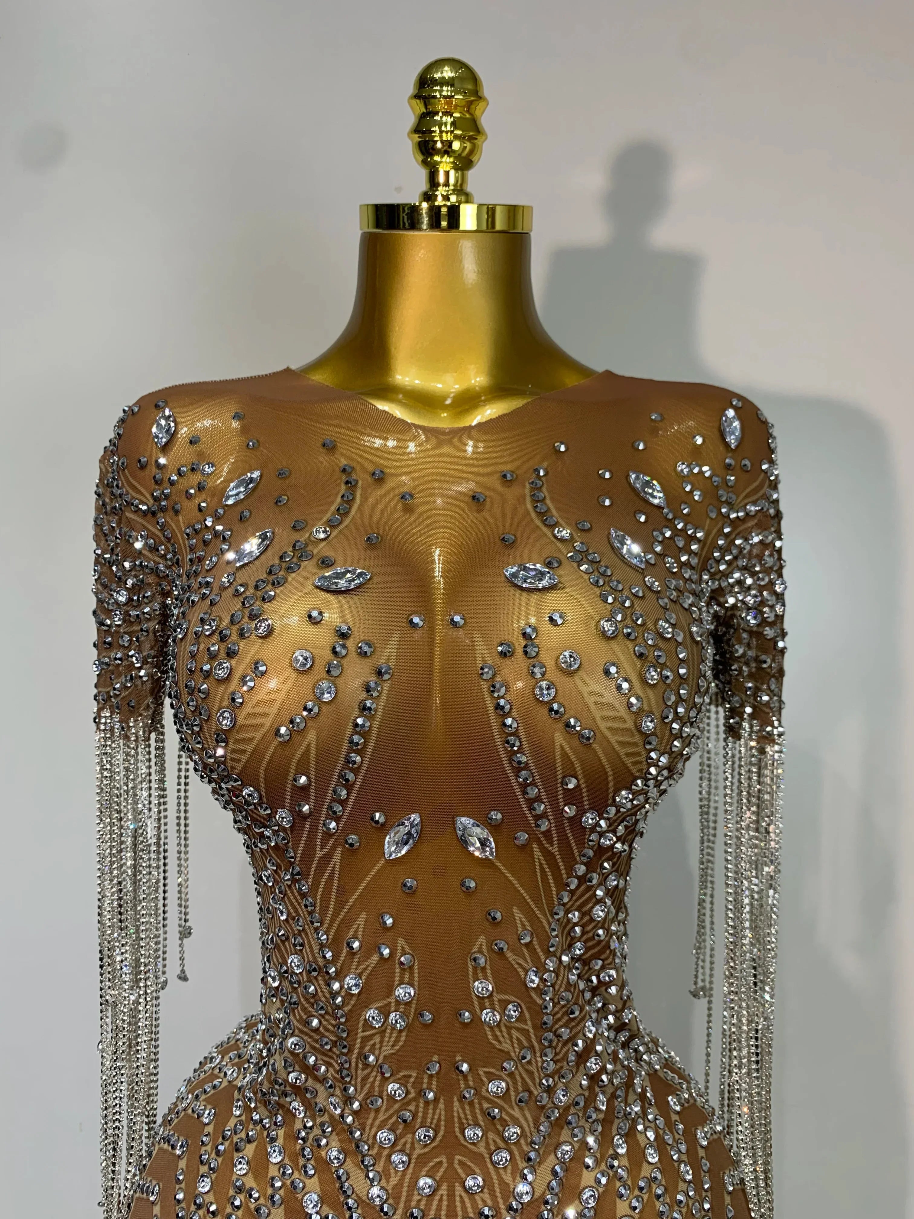 Bedford Luxury Sparkly Rhinestones Tassel Transparent Mesh Stretch Long Dress