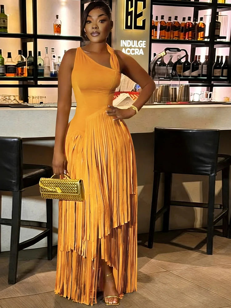 Sexy One Shoulder Red Tassel Dress Luxury Sleeveless Fringe Maxi Dress