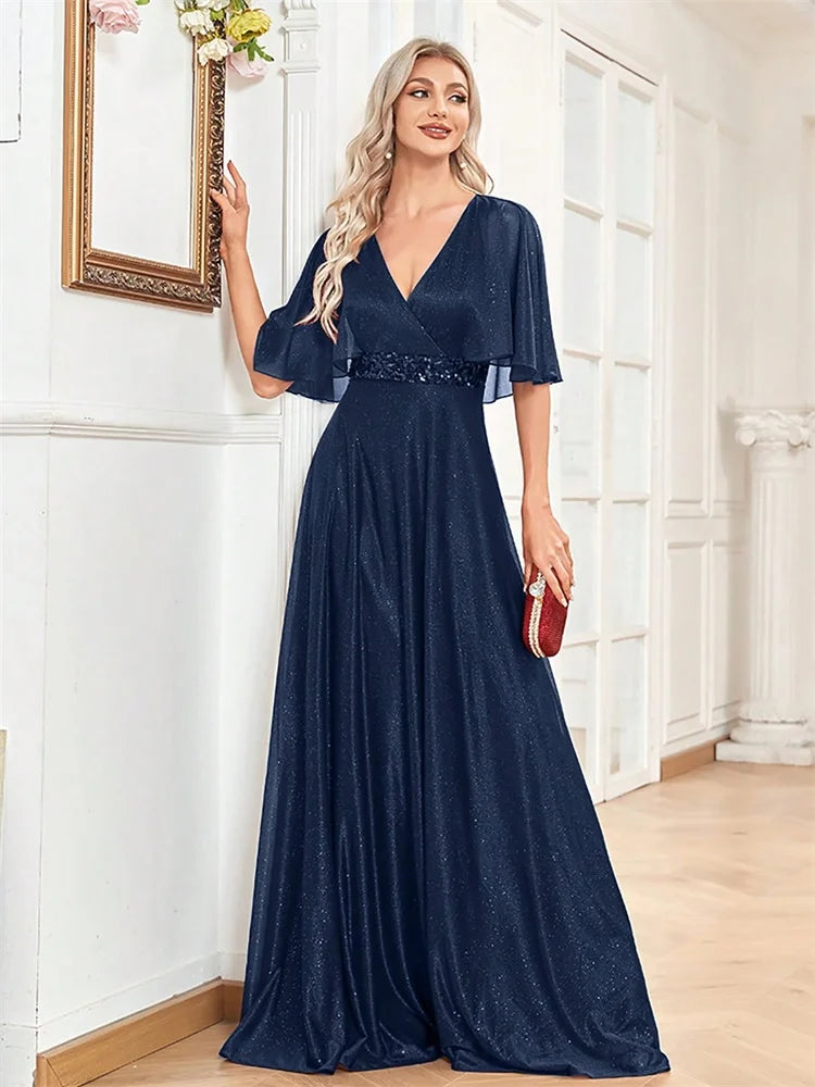 Pocono Elegant Shining Bat Sleeve Formal Evening Luxury A-line Gowns Dress
