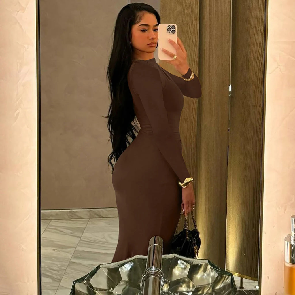 Shore Beach Solid Long Sleeve Draped Sexy Bodycon Maxi Party Dress