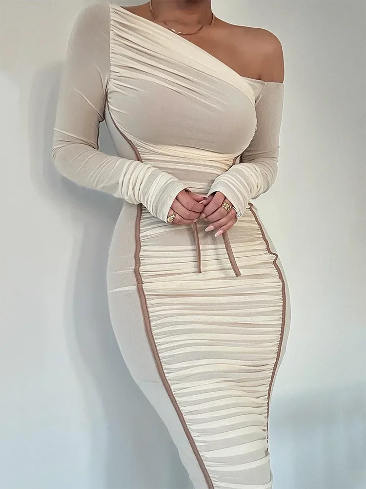 Dyker Heights Diagonal Collar Long Sleeve Mesh Backless Ruched Bodycon Midi Dress