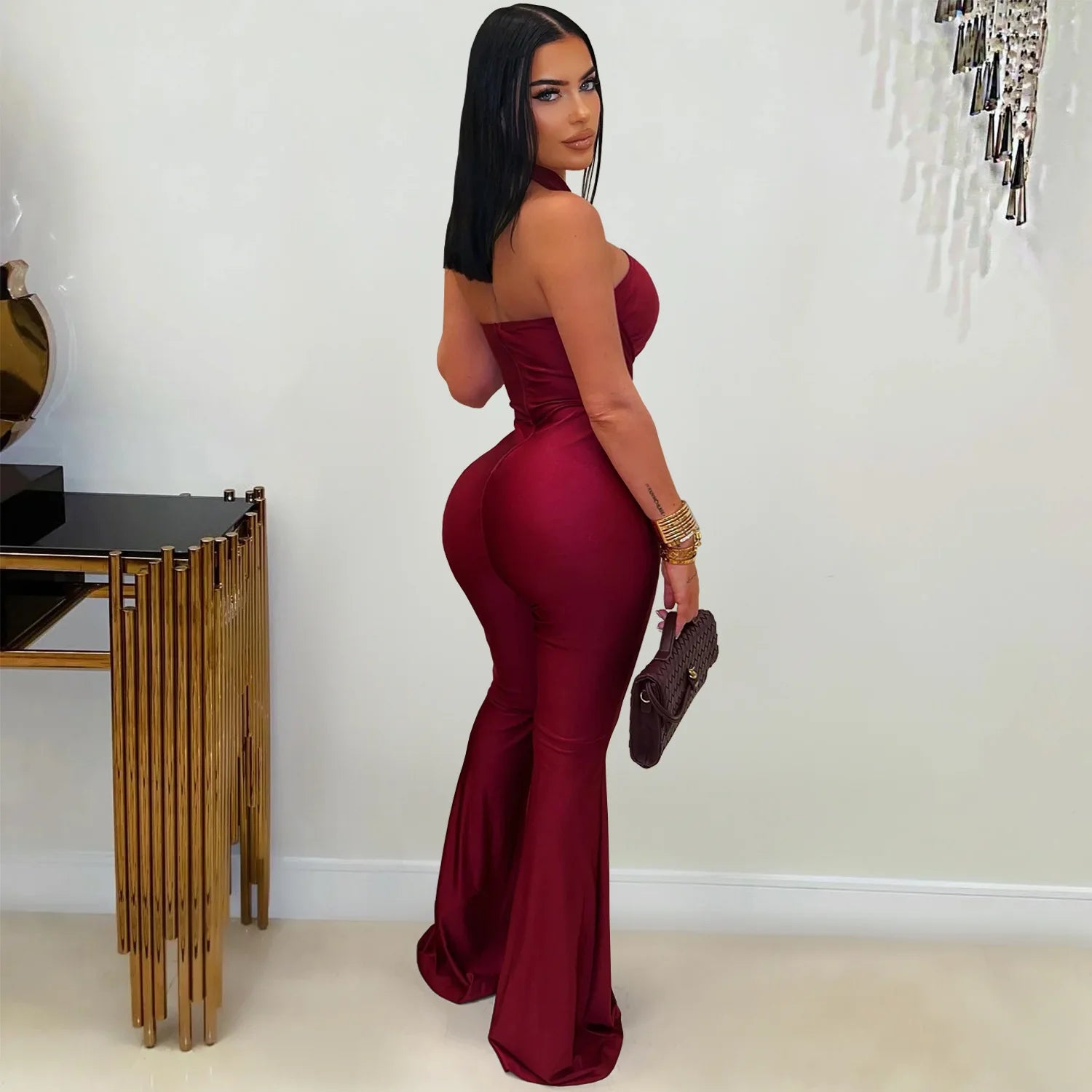 Peterborough Hollow Out Bandage Patchwork Halter Sleeveless Backless Jumpsuit