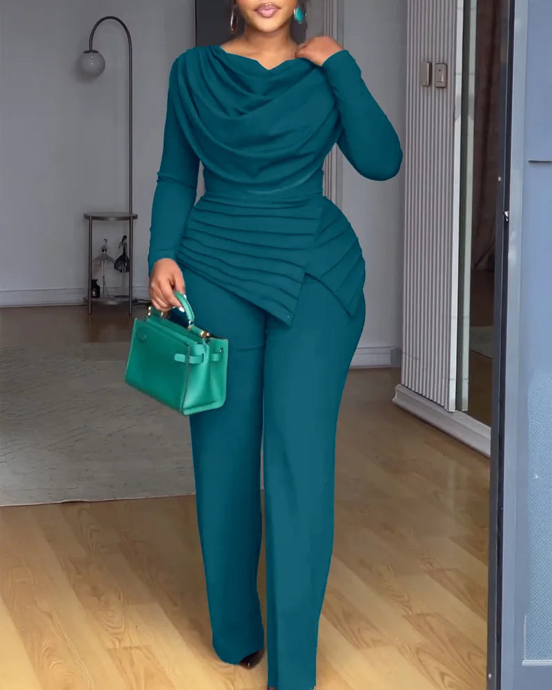 Birmingham Swing Collar Ruched Jumpsuit Long Sleeve Solid Elegant Color