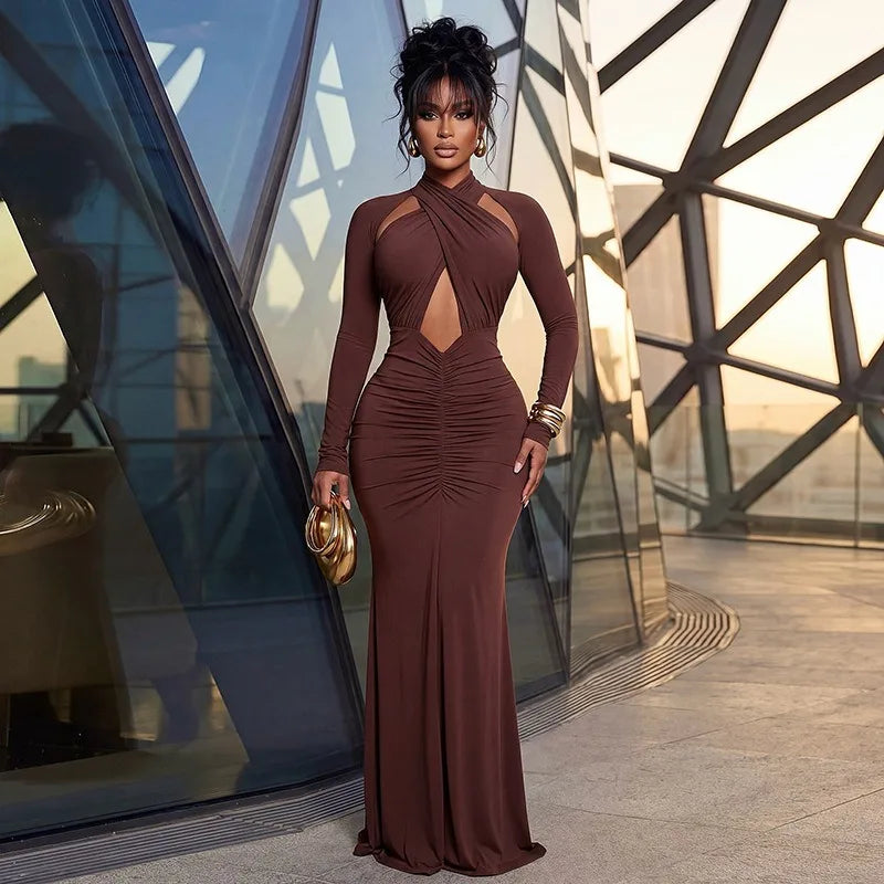 Bedford Turtleneck Hollow Out Chest Wrapped Long Sleeve Pleated Bodycon Long Dress