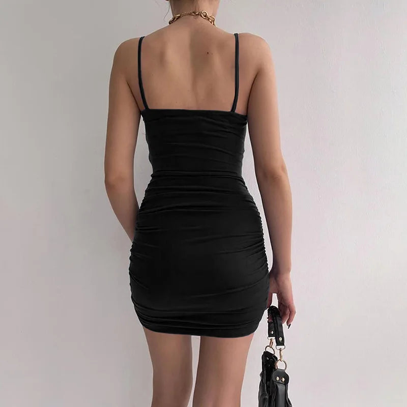 Irlanda Spaghetti Strap Bodycon Backless Folds Wrap Hip Mini Dresses