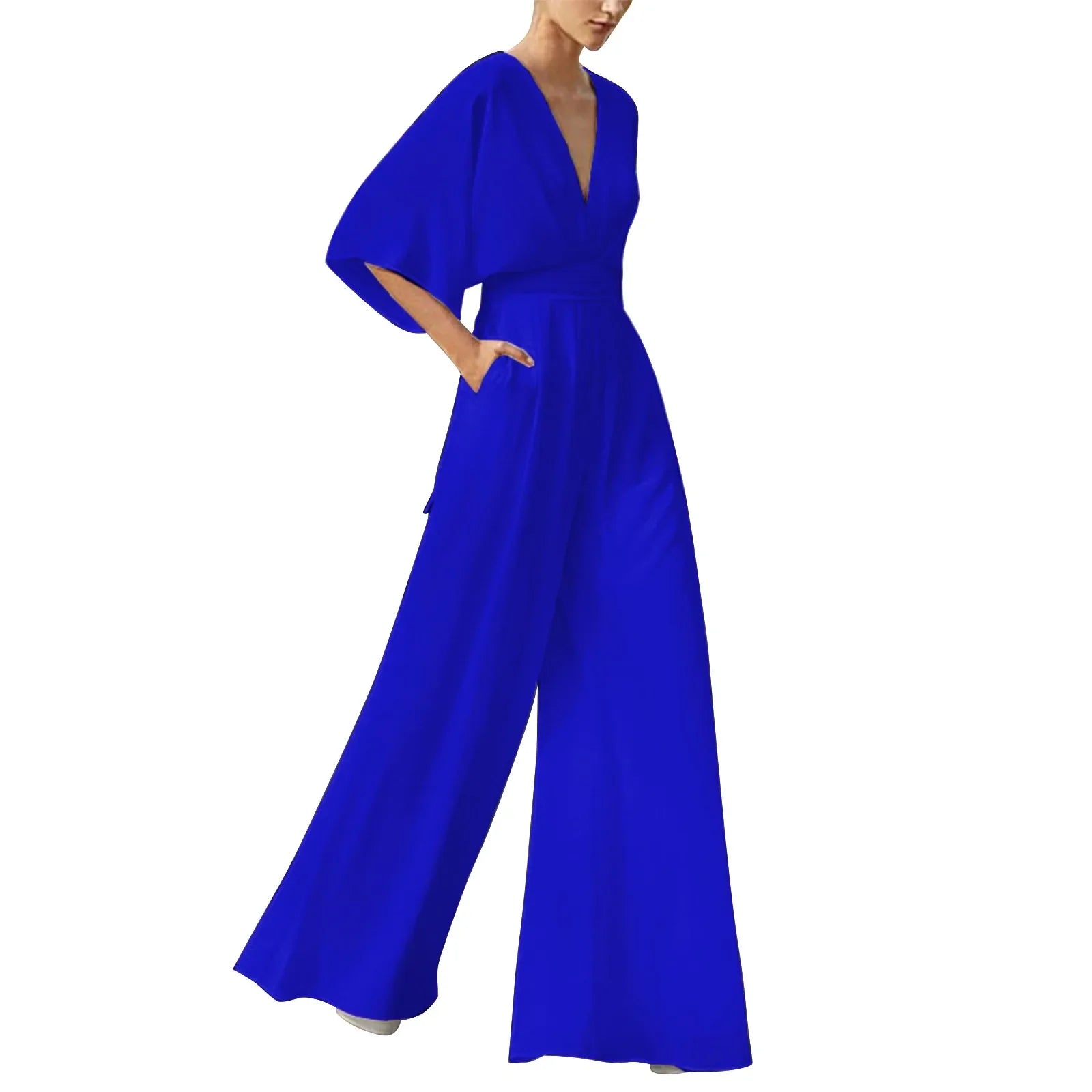 Deep V-Neck Half Solid Casual One-Piece