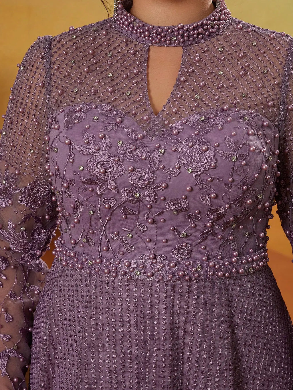 La Perla Elegance Plus Size Long Sleeve Embroidery Lace with Rhinestones Maxi Dress