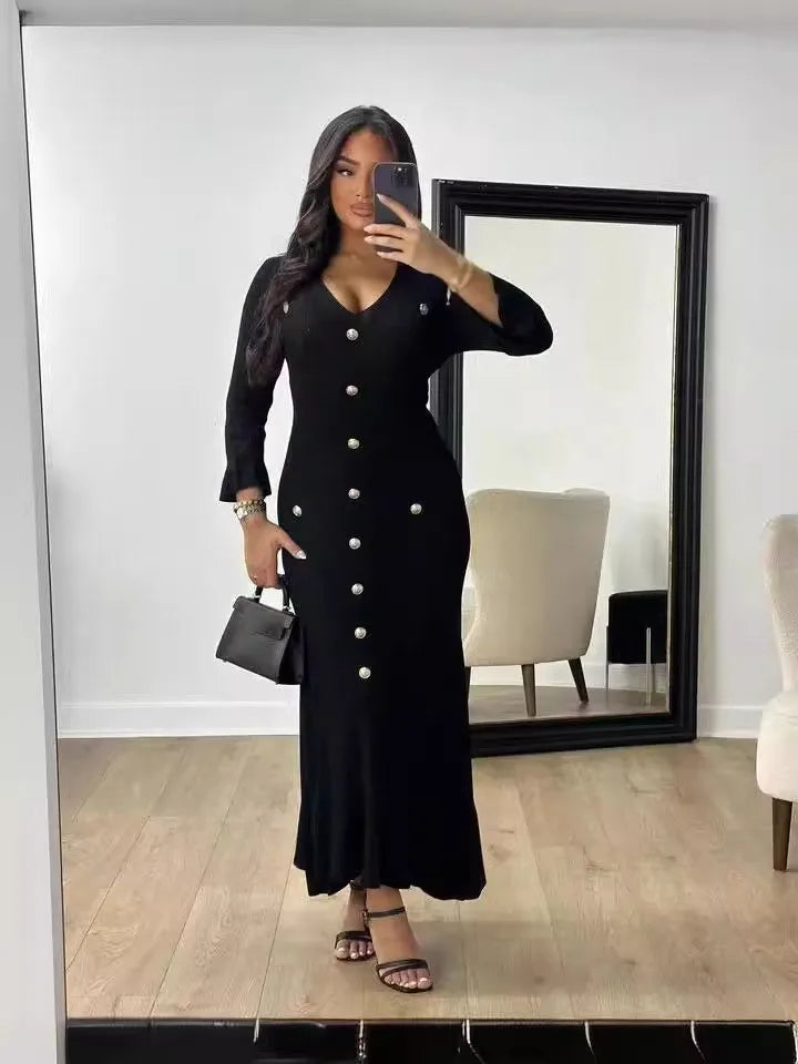 Tennessee Elegant Knitted Fashion V Neck Long Sleeves Slim Buttons Solid Color Long Dress