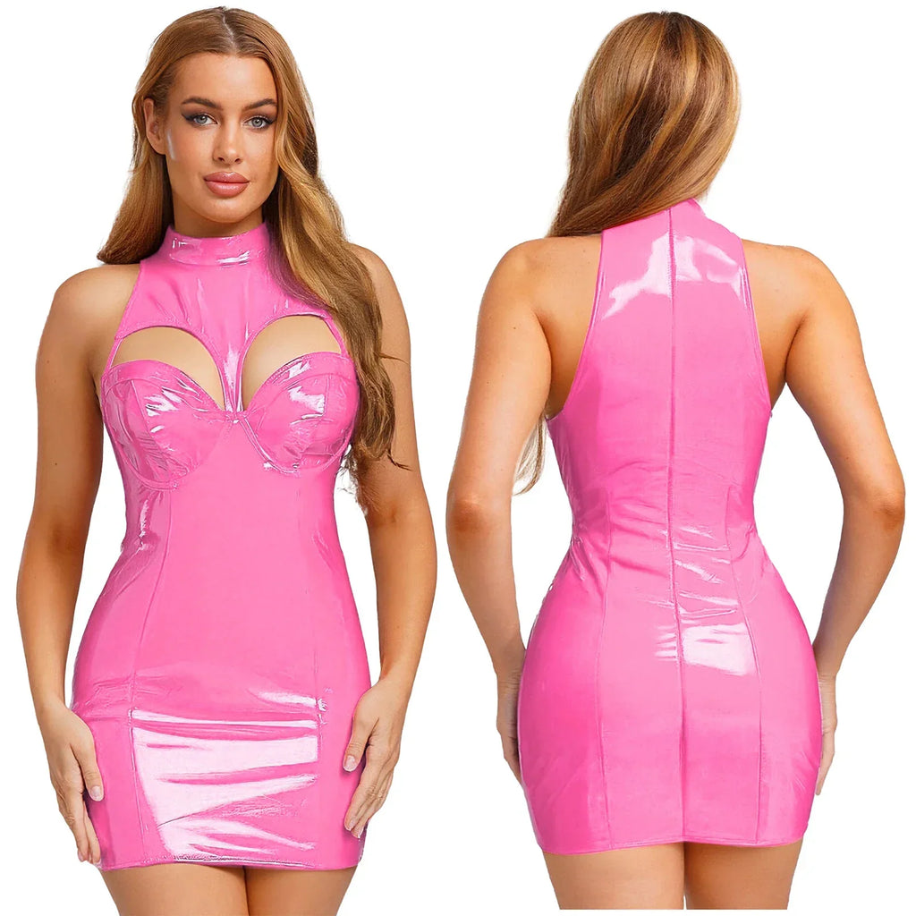 Amityville Wet Look PU Leather Mock Neck Sleeveless Hollow-out Bodycon Mini Dress