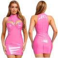 Amityville Wet Look PU Leather Mock Neck Sleeveless Hollow-out Bodycon Mini Dress