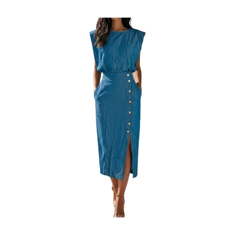 Ronny Sleeveless Outfit Boat Neck Button Decor Two Piece Sets