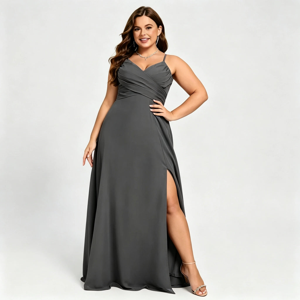 Lawrence Plus Size Chiffon Bridesmaid Dress Dusty Rose Crisscross Back Slit Formal Gown