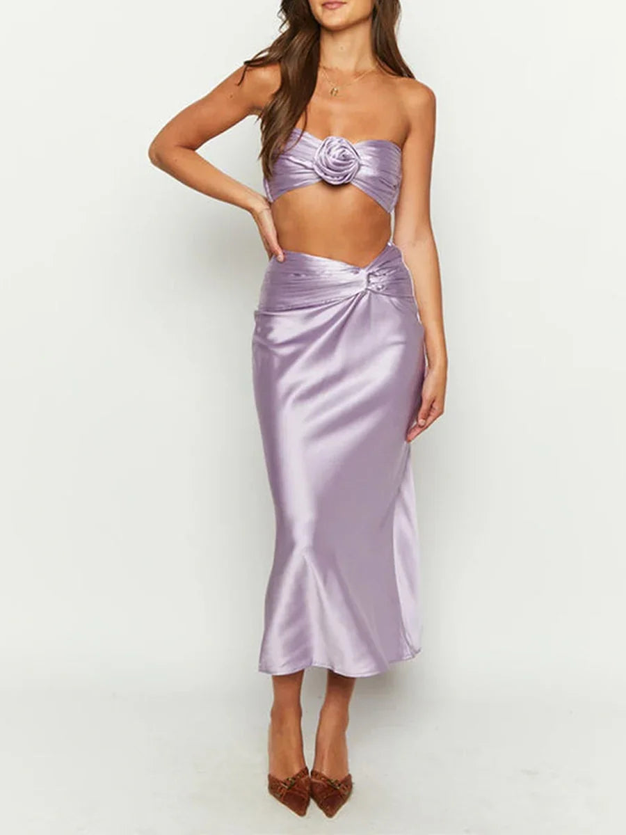 Jamesport Outfits 3D Flowers Ruched Satin Bandeau Partywear Set