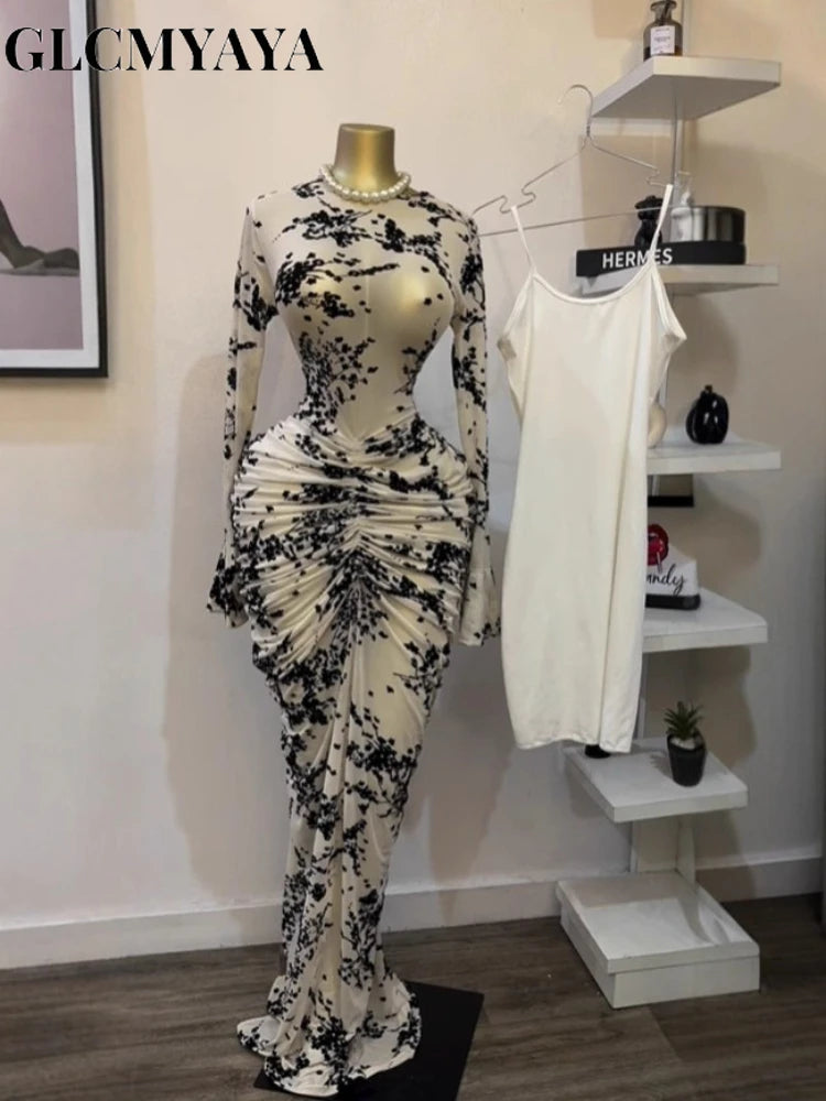 Peru Long Sleeve Stacked Mesh See Though with Lining Bodycon Long Dress