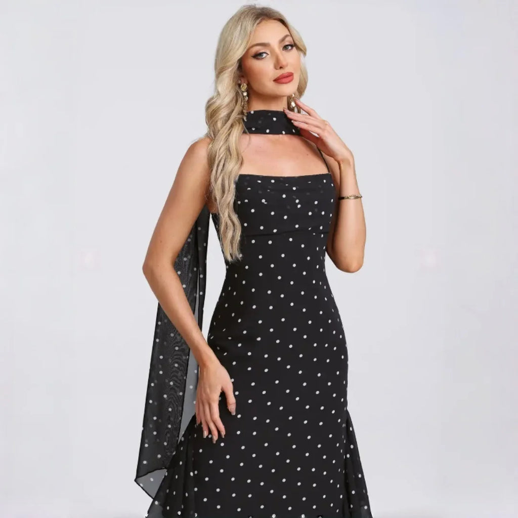 Bridgeport Polka Dot Chiffon Spaghetti Strap Square Neck Mermaid Ruffle Hem Dress