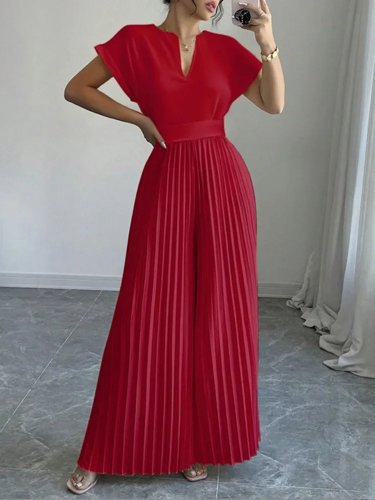Elegant Pleated Jumpsuits for Women V-Neck Jumpsuits Fashion Summer High Waisted