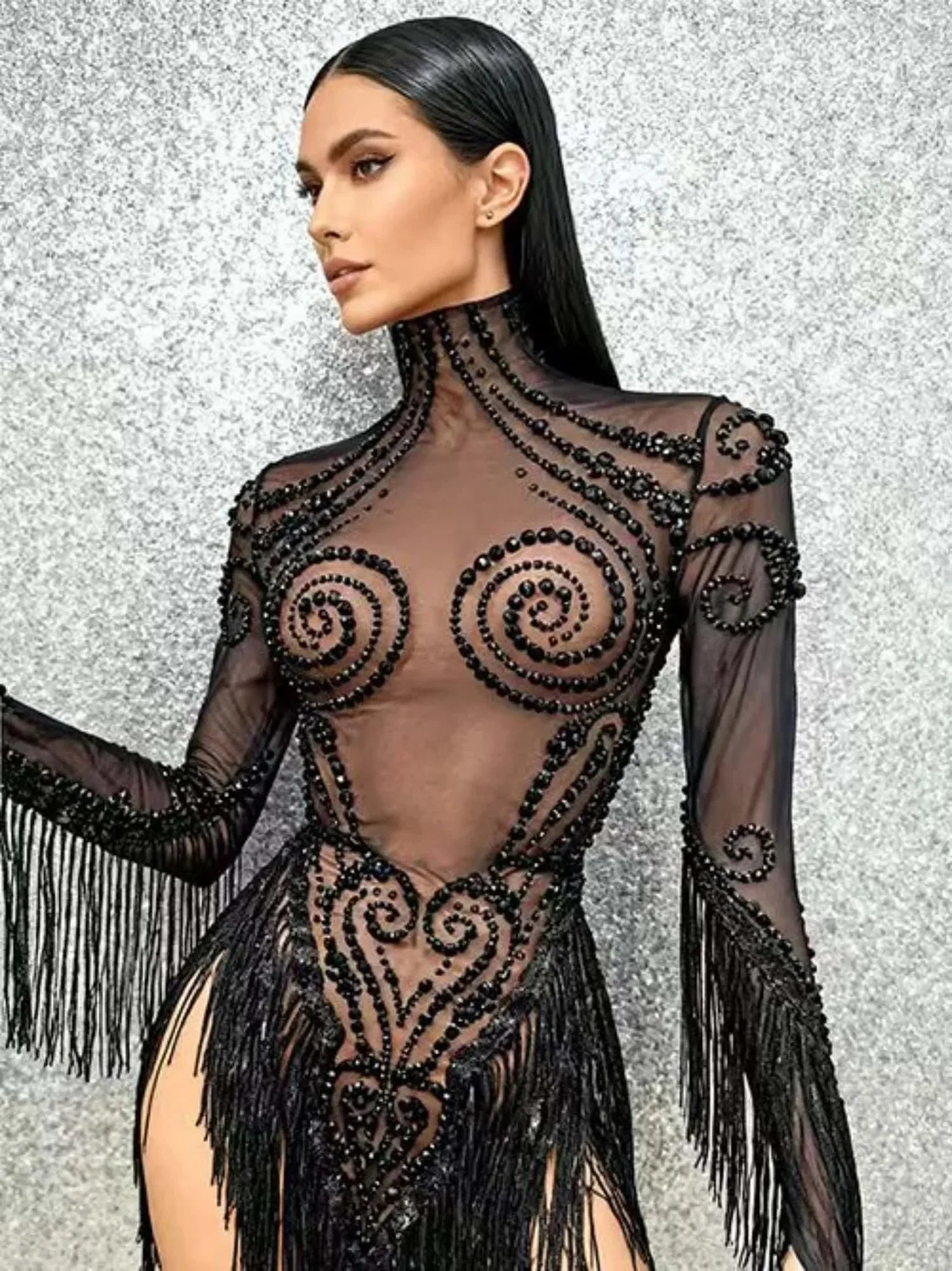 Carbondale Sparkly Rhinestone Tassel See Through Mesh Mini Dress