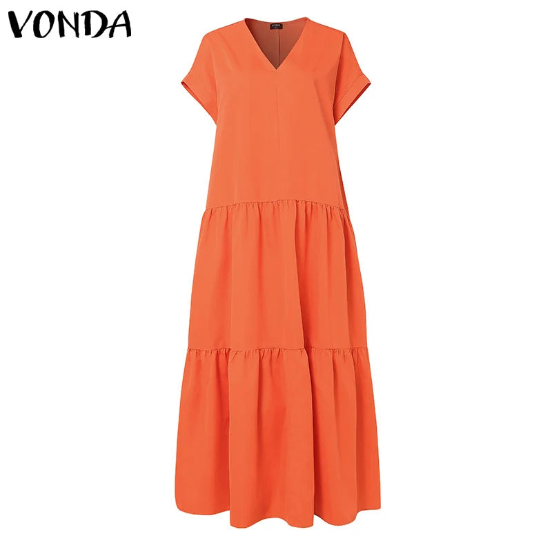 Plus Size Bohemian Sundress Solid Color Casual Short Sleeve Party Ruffled Dress
