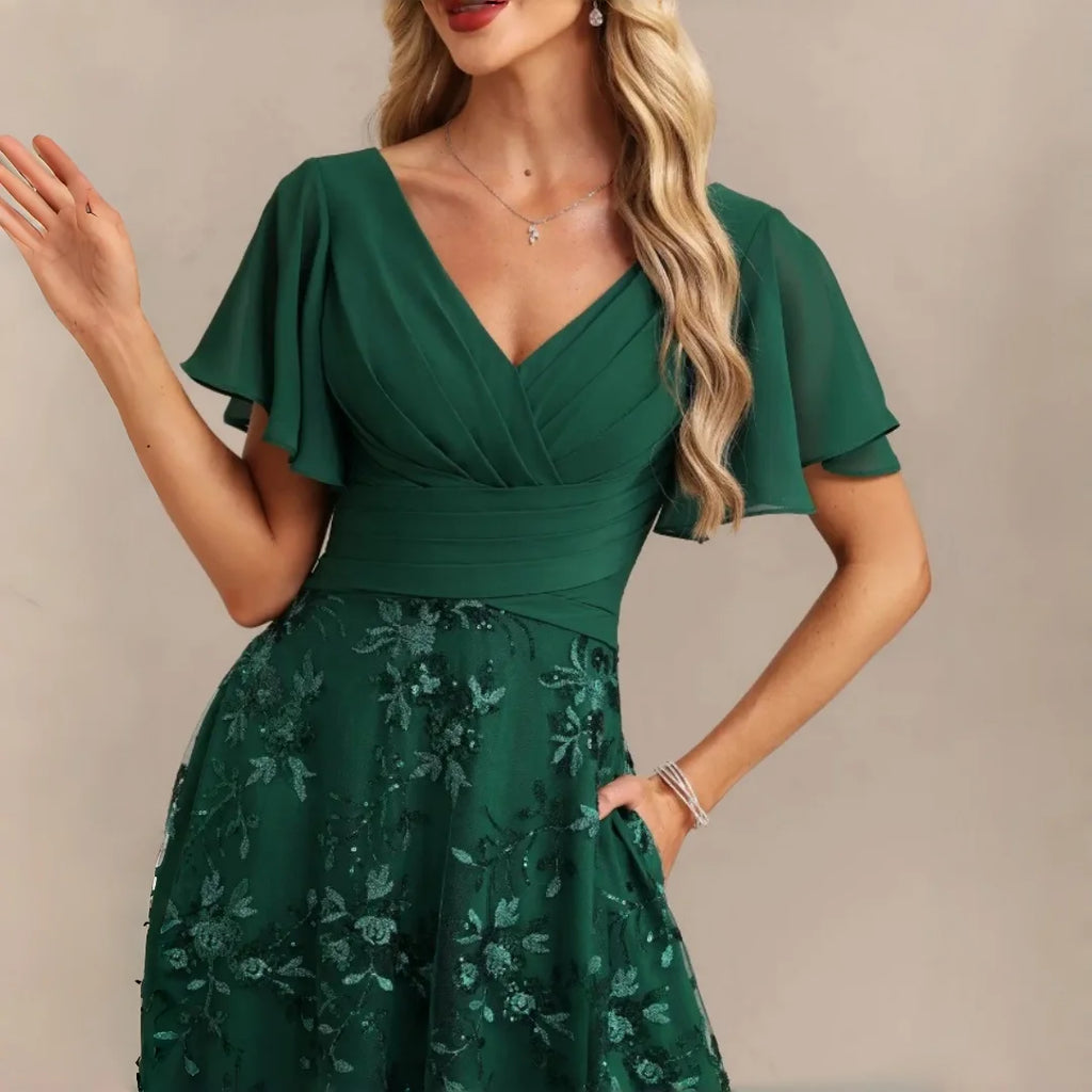 Neiba Dark Green V Neck Chiffon Flutter Sleeve Bridesmaid Ruched Waist Floral Sequin Dress