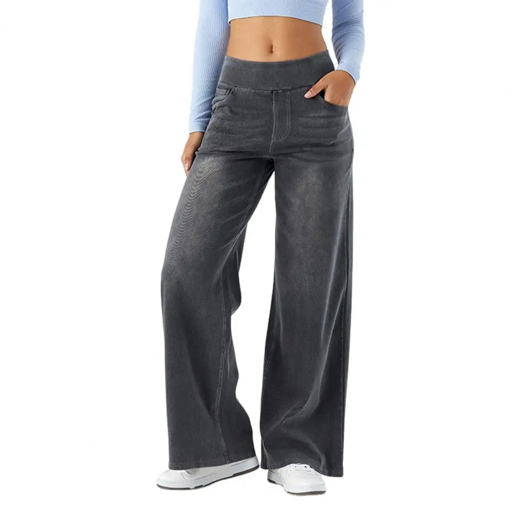 Women Jeans with Pockets Elastic Casual High Waist Wide-leg Jeans Solid Color Full