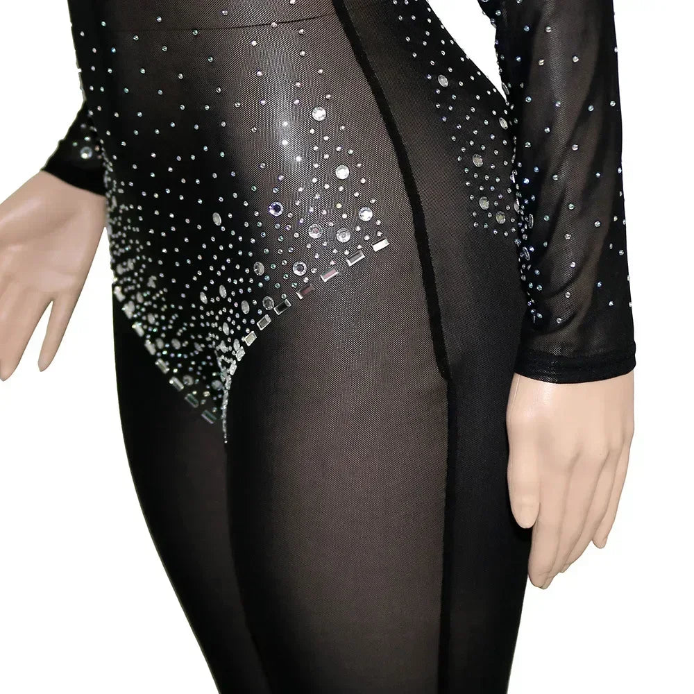 Union Square Fashion Sexy Mesh Perspective Hot Drill Long Sleeve Jumpsuit