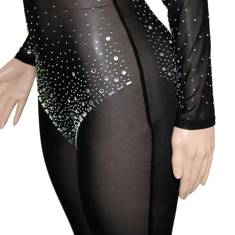 Union Square Fashion Sexy Mesh Perspective Hot Drill Long Sleeve Jumpsuit