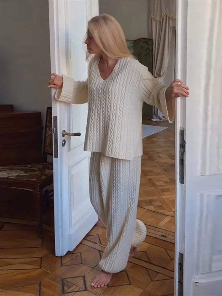 Pamela V Neck Cable Knit Wide Leg Two Piece Sets