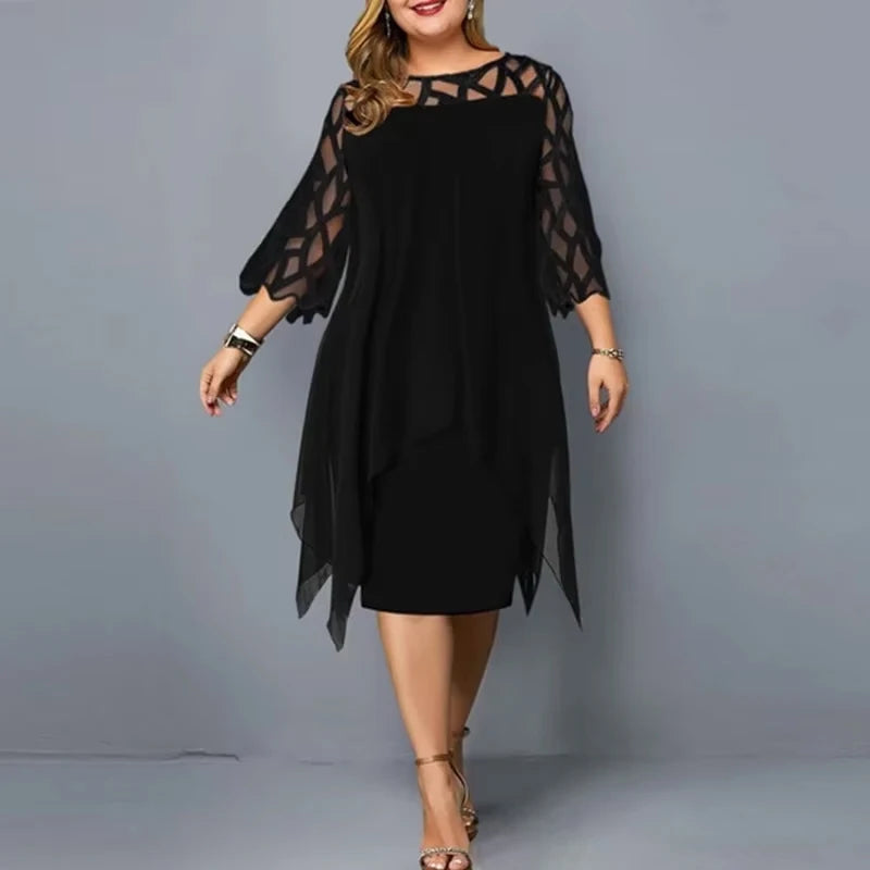 Cancun Hollow Chiffon Comfortable Loose Plus Size Elegant Solid Color Midi Dress