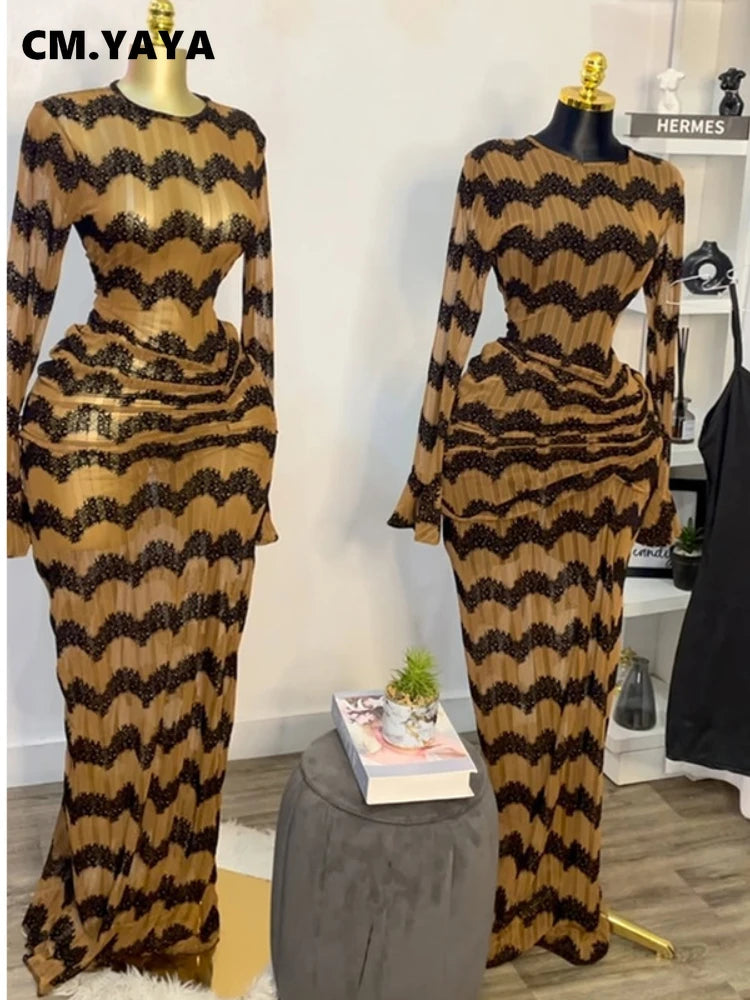 Kansas City Flare Full Sleeve Wave Striped Ruched Stacked Bodycon Long Maxi Dress
