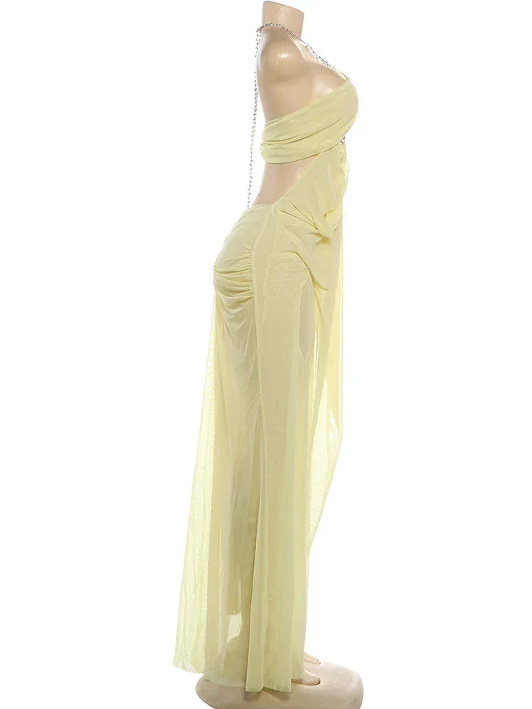 Pine Plains Sexy See Through Luxury Chain Halter Low Neck Backless Dress
