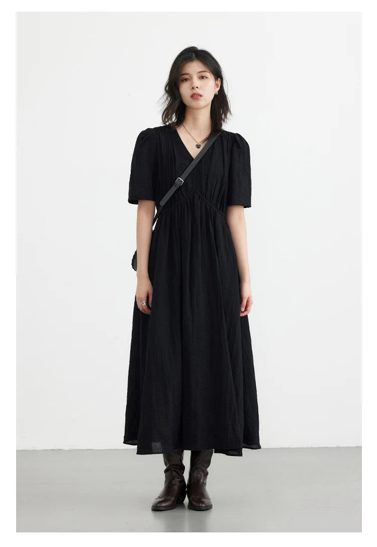 French Style Vintage V Neck Puff Sleeve Solid Black Loose Long Dress