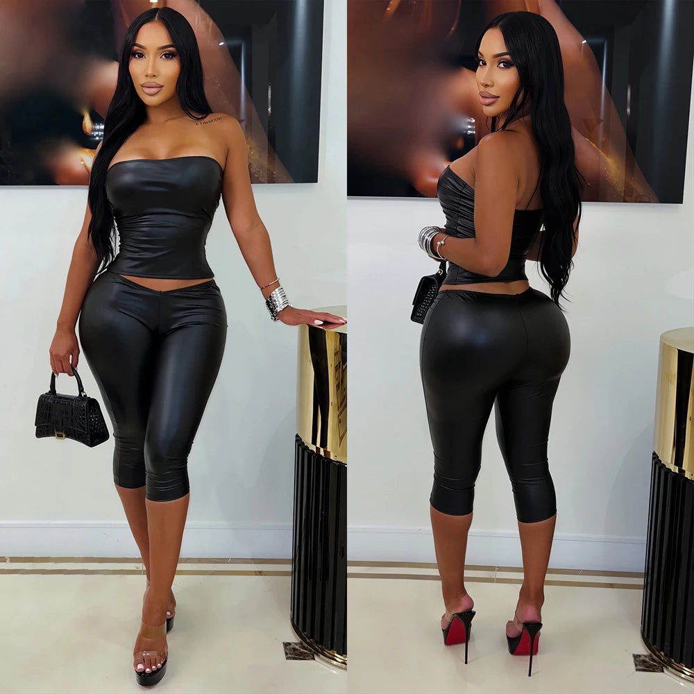 Samantha Faux Leather Set Strapless Tube Two Piece Sets