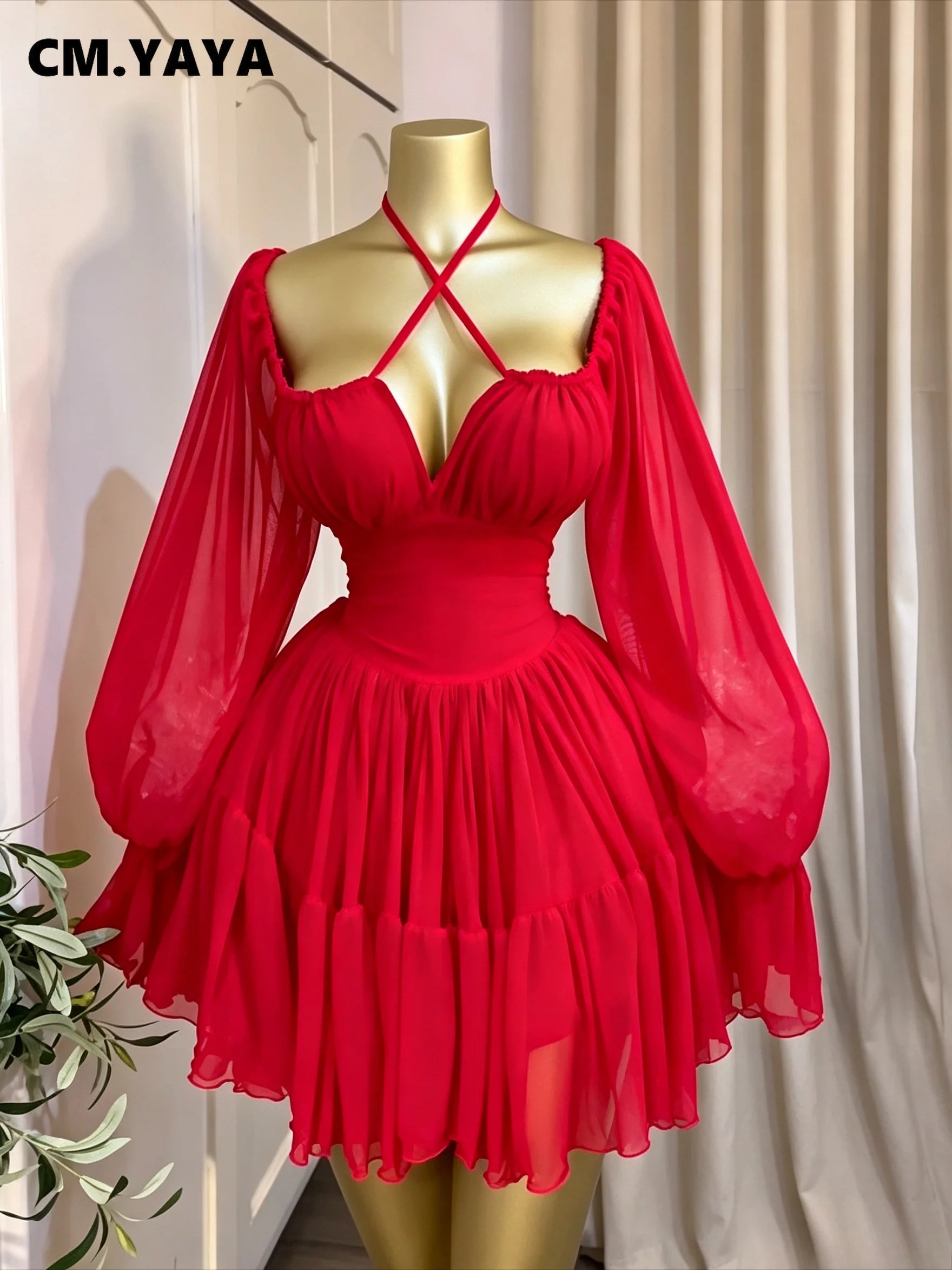 Saint Louis SL Flare Long Sleeve Strapless Halter Pleated Mini Dress