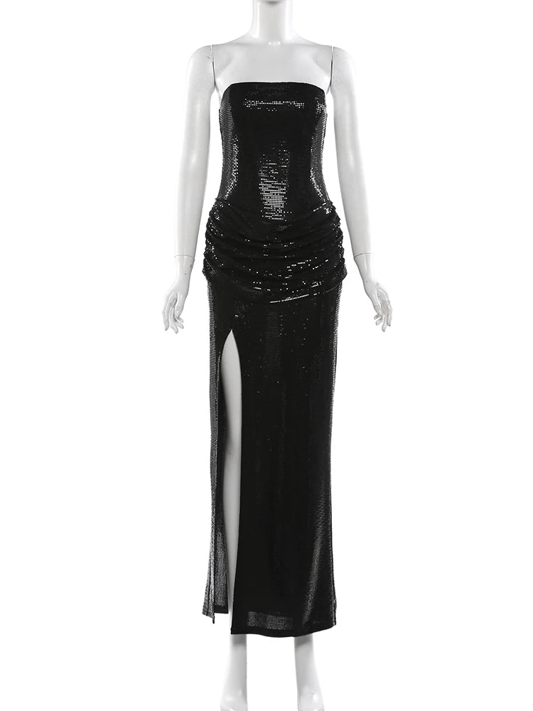 Irlanda Strapless Shiny Sequins Wrap Chest Backless Sleeveless Ruched High Splits Dress