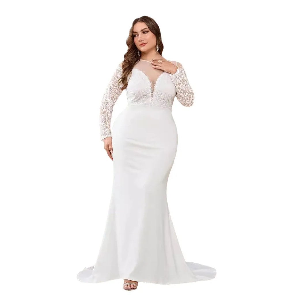 Georgia Plus Size Long Sleeve Lace Train White Wedding Banquet Gown