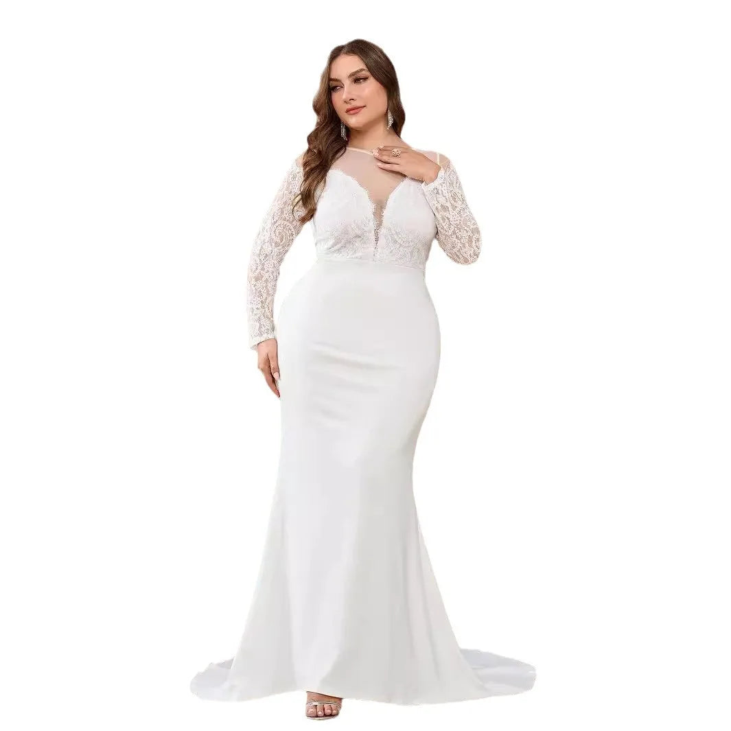 Georgia Plus Size Long Sleeve Lace Train White Wedding Banquet Gown